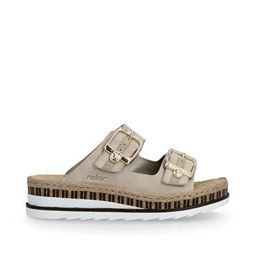 Rieker Low Wedge Twin Buckle Mule - Beige Nubuck